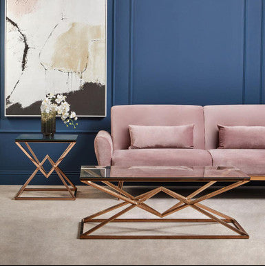 Allure Rose Gold Stainless Steel Rectangular Coffee Table with Prism Base