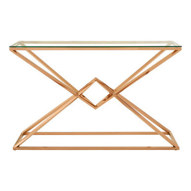 Corseted Rose Gold Steel Base Console Table with Tempered Glass Top, Allure