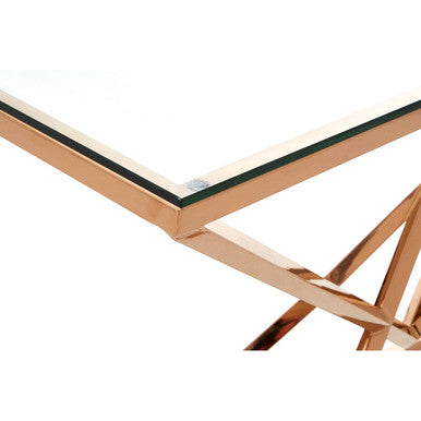 Corseted Rose Gold Steel Base Console Table with Tempered Glass Top, Allure