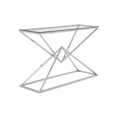 Rectangular Tempered Glass Top Console Table with Silver Stainless Steel Frame, Allure