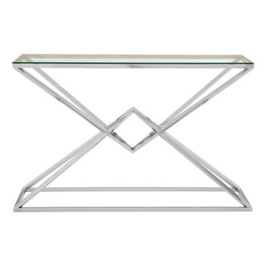 Rectangular Tempered Glass Top Console Table with Silver Stainless Steel Frame, Allure