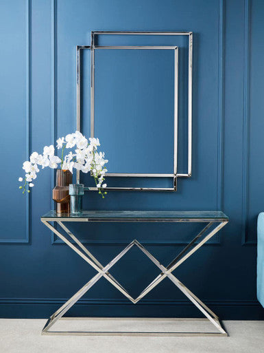 Rectangular Tempered Glass Top Console Table with Silver Stainless Steel Frame, Allure