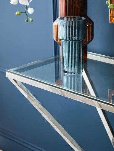 Rectangular Tempered Glass Top Console Table with Silver Stainless Steel Frame, Allure