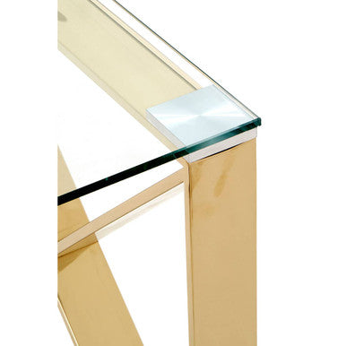 Champagne Gold Stainless Steel Cross Legs End Table with Tempered Glass Top, Allure