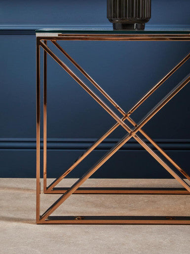 Rose Gold Stainless Steel Cross Legs End Table with Tempered Glass Top, Allure