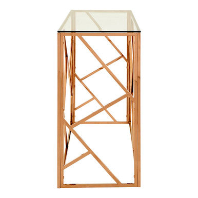 Rose Gold Stainless Steel Geometric Console Table with Tempered Glass Top, Allure