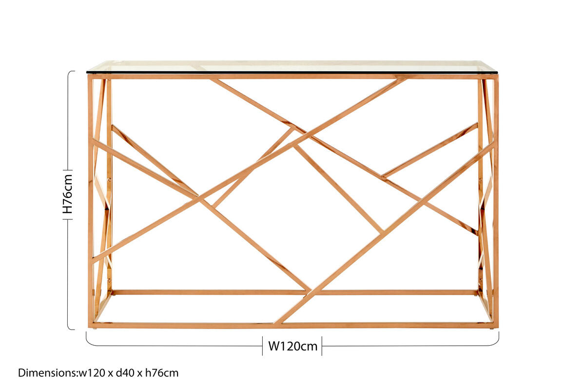 Rose Gold Stainless Steel Geometric Console Table with Tempered Glass Top, Allure
