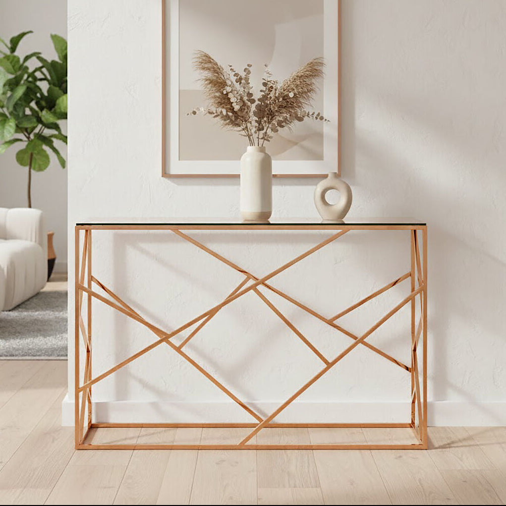 Rose Gold Stainless Steel Geometric Console Table with Tempered Glass Top, Allure