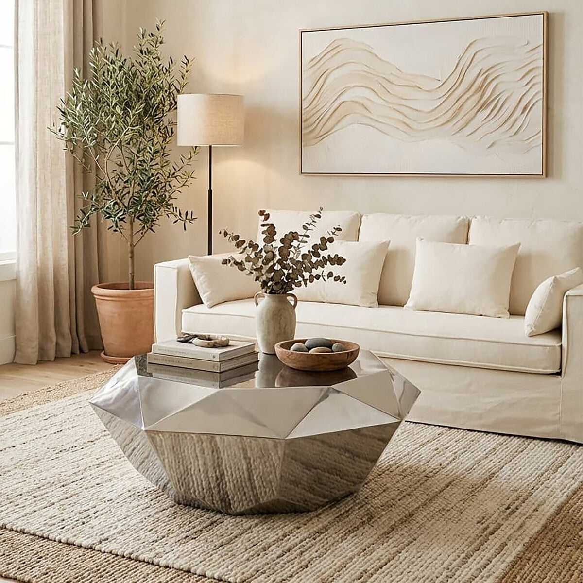 Allure Silver Stainless Steel Coffee Table with Diamond Cut Design