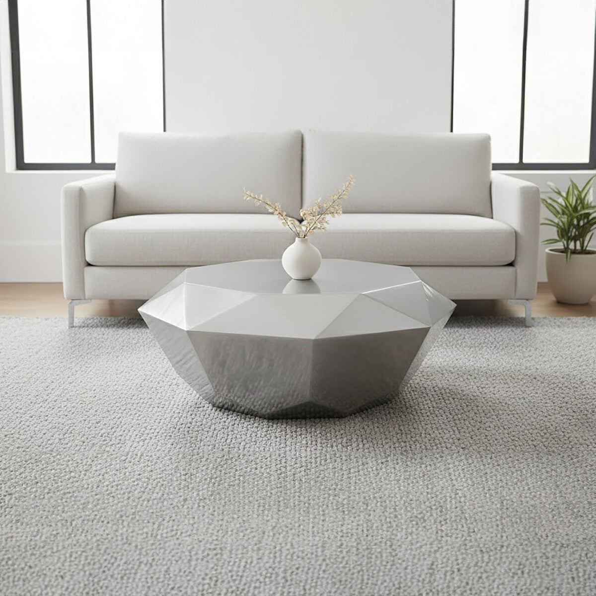 Allure Silver Stainless Steel Coffee Table with Diamond Cut Design