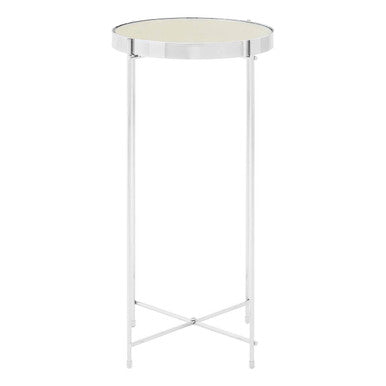Allure Silver Mirrored Glass Tall Round Side Table with Chrome Legs