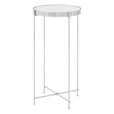 Allure Silver Mirrored Glass Tall Round Side Table with Chrome Legs