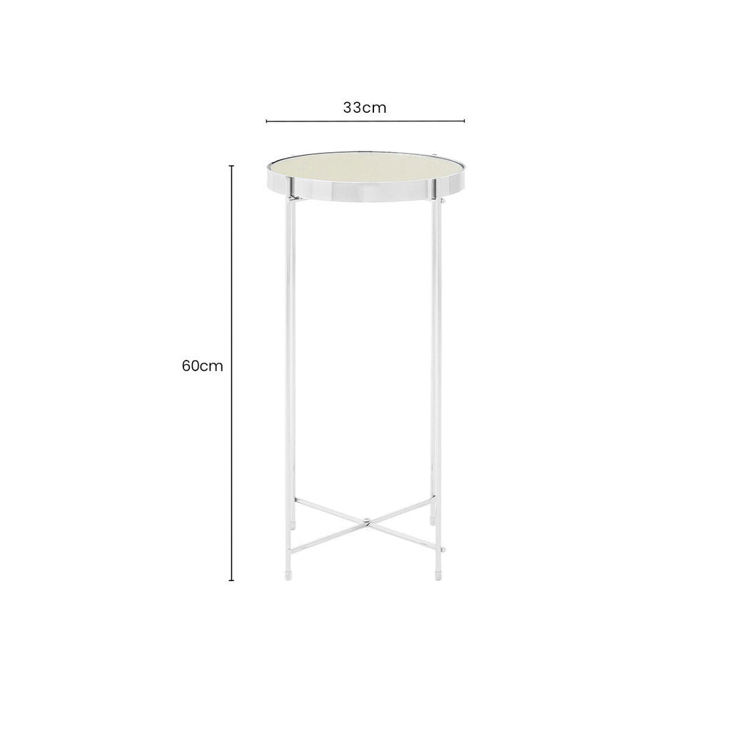 Allure Silver Mirrored Glass Tall Round Side Table with Chrome Legs