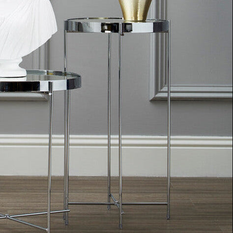 Allure Silver Mirrored Glass Tall Round Side Table with Chrome Legs