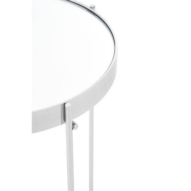 Allure Silver Mirrored Glass Tall Round Side Table with Chrome Legs