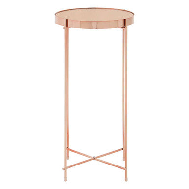 Allure Pink Mirrored Glass Tall Round Side Table with Rose Gold Legs