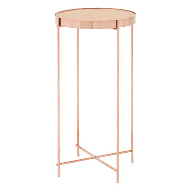 Allure Pink Mirrored Glass Tall Round Side Table with Rose Gold Legs