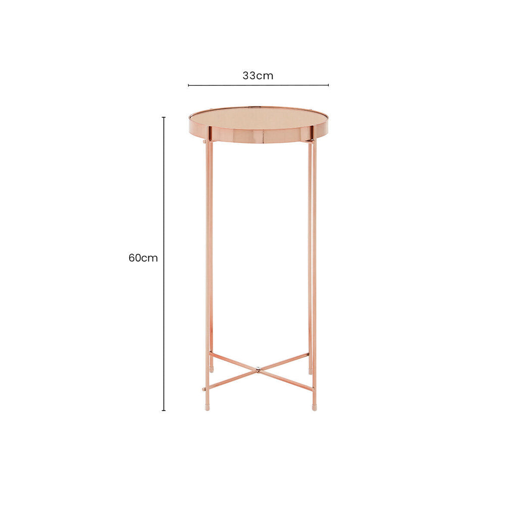 Allure Pink Mirrored Glass Tall Round Side Table with Rose Gold Legs