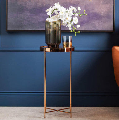 Allure Pink Mirrored Glass Tall Round Side Table with Rose Gold Legs