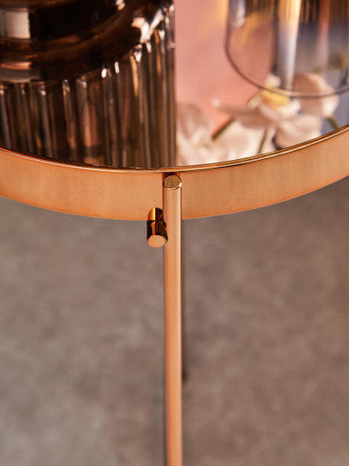 Allure Pink Mirrored Glass Tall Round Side Table with Rose Gold Legs