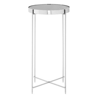 Allure Grey Mirrored Glass Tall Round Side Table with Nickel Legs