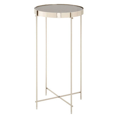 Allure Grey Mirrored Glass Tall Round Side Table with Nickel Legs