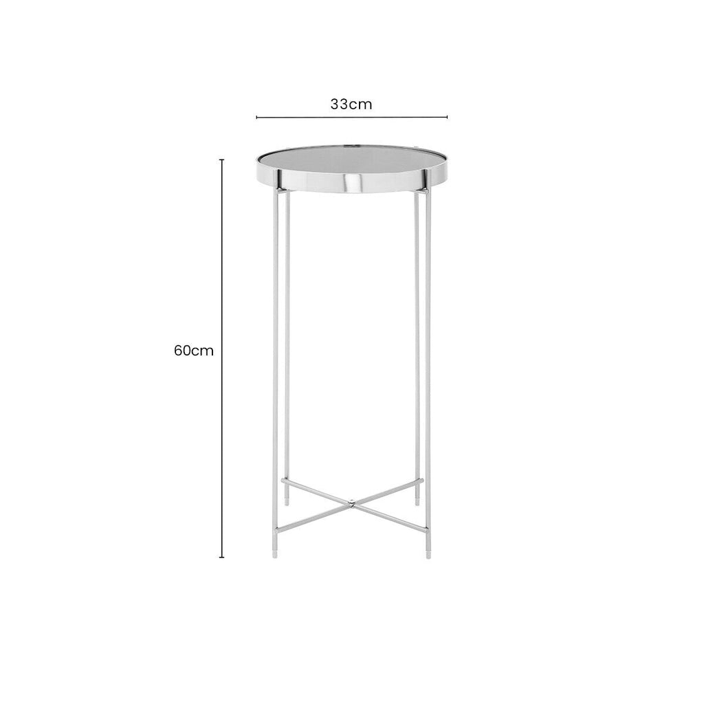 Allure Grey Mirrored Glass Tall Round Side Table with Nickel Legs