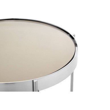 Allure Grey Mirrored Glass Tall Round Side Table with Nickel Legs