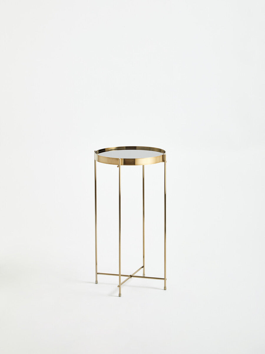 Allure Black Mirrored Glass Tall Round Side Table with Bronze Legs