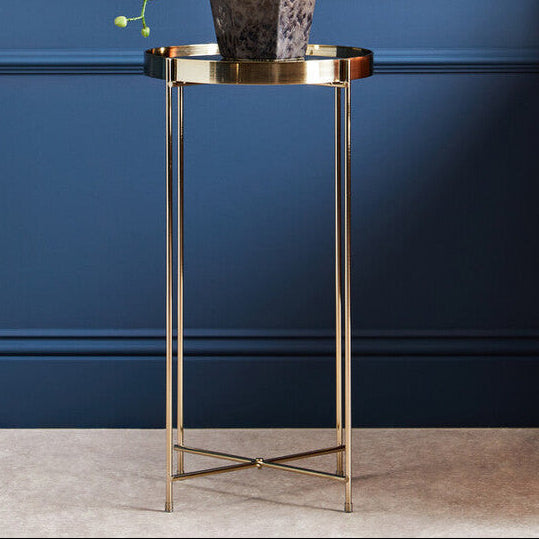Allure Black Mirrored Glass Tall Round Side Table with Bronze Legs