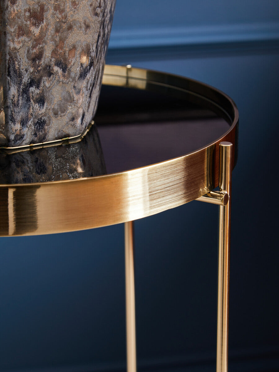 Allure Black Mirrored Glass Tall Round Side Table with Bronze Legs