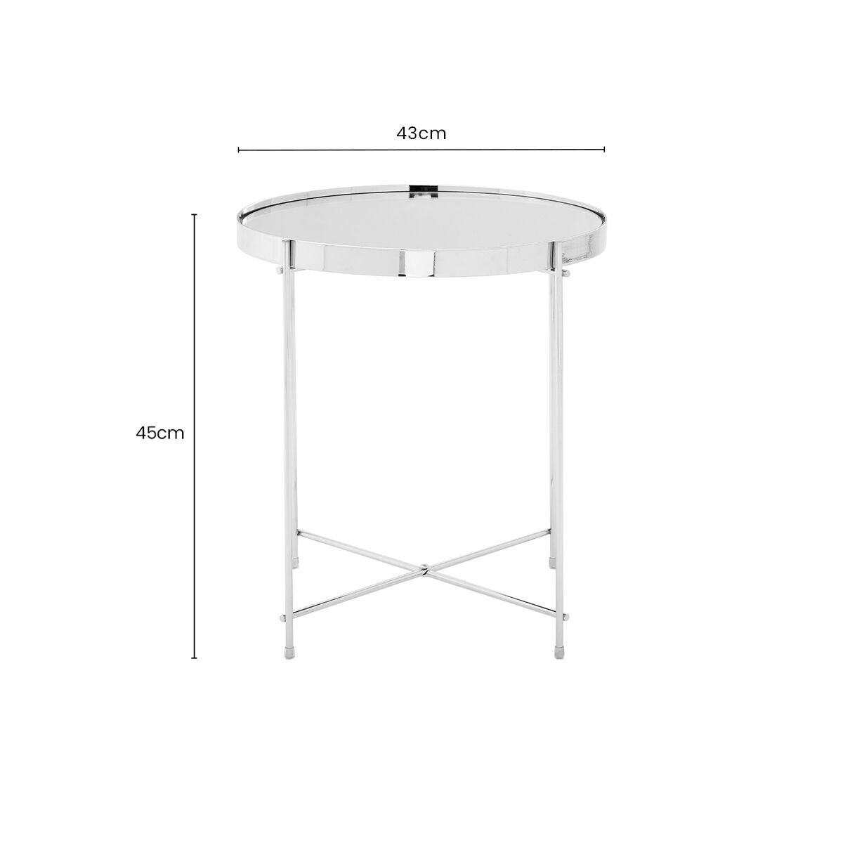 Mirrored Glass Round Top Side Table with Silver Chrome Band and Slim Metal Legs, Allure