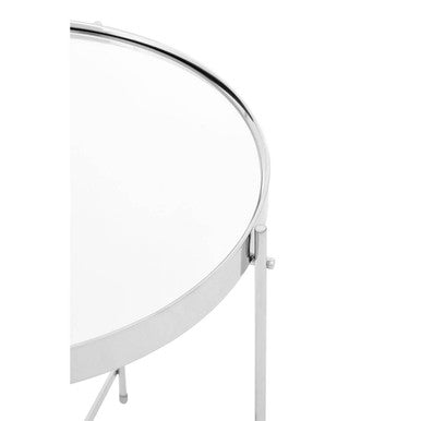 Mirrored Glass Round Top Side Table with Silver Chrome Band and Slim Metal Legs, Allure