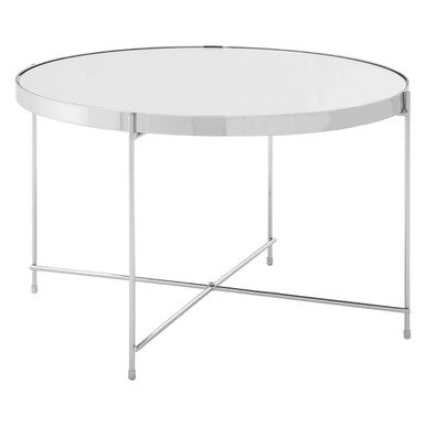 Large Round Mirrored Glass Top Side Table with Silver Chrome Lattice Base, Allure