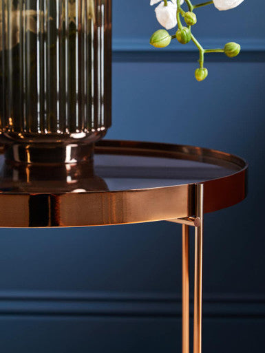 Large Round Mirrored Glass Top Side Table with Pink Metal Lattice Base, Allure