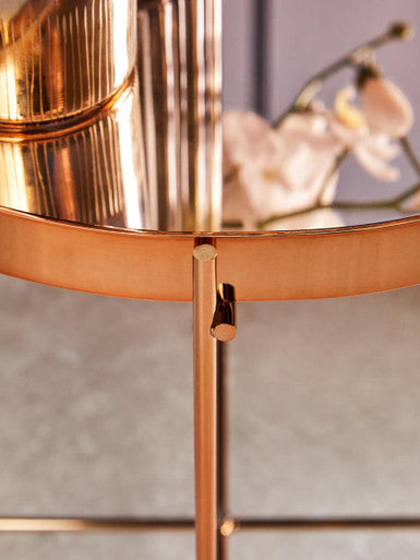Large Round Mirrored Glass Top Side Table with Pink Metal Lattice Base, Allure