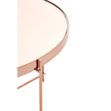 Large Round Mirrored Glass Top Side Table with Pink Metal Lattice Base, Allure