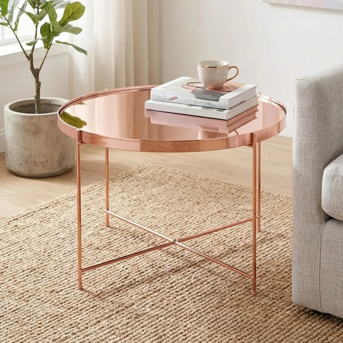 Large Round Mirrored Glass Top Side Table with Pink Metal Lattice Base, Allure