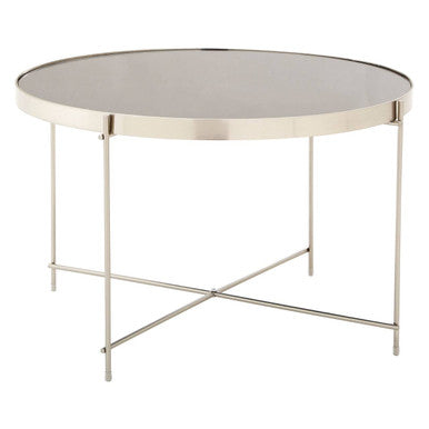 Large Round Grey Mirrored Side Table with Brushed Nickel Lattice Base, Allure