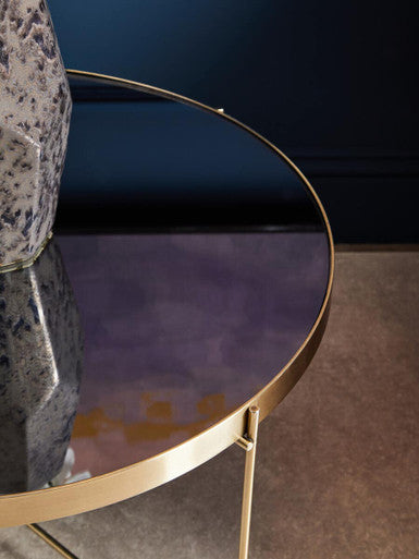 Brushed Bronze Lattice Base Large Side Table with Black Mirror Tabletop, Allure