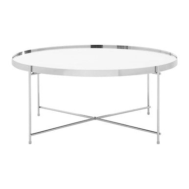 Allure Silver Mirrored Glass Round Coffee Table with Cross Base