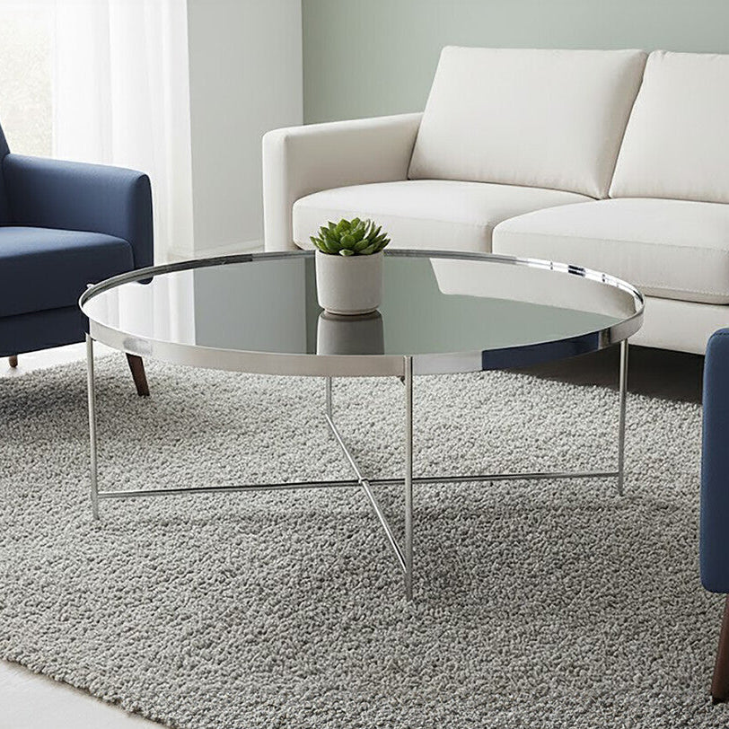Allure Silver Mirrored Glass Round Coffee Table with Cross Base