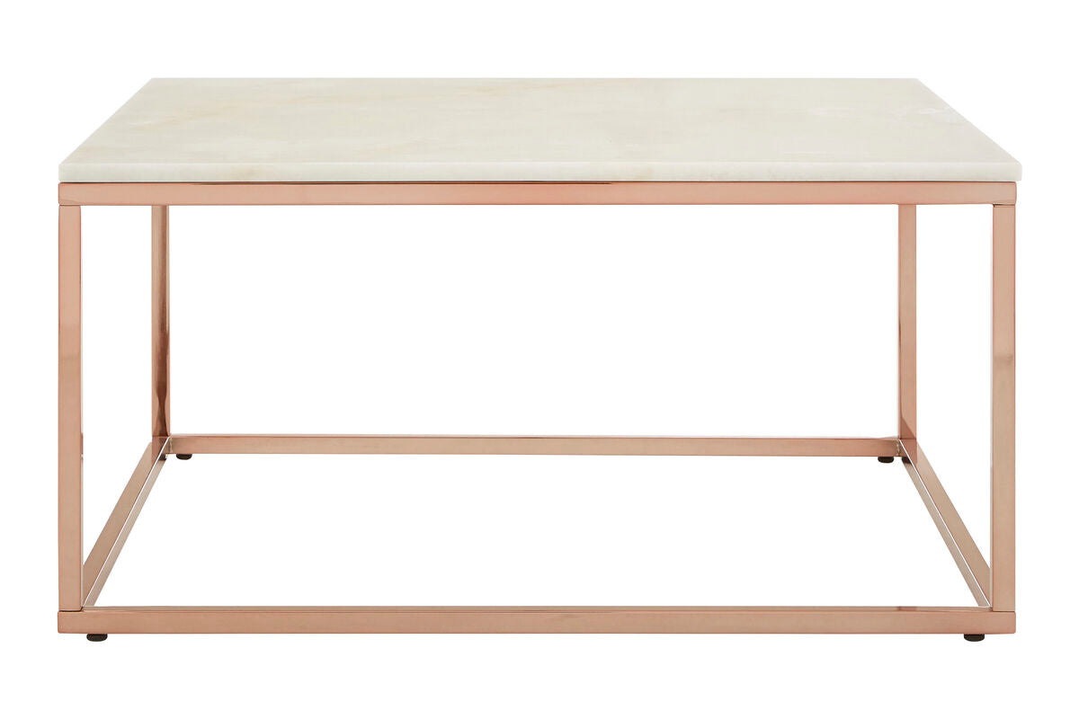 Square White Marble Top Coffee Table in Rose Gold Finish Stainless Steel Legs, Allure