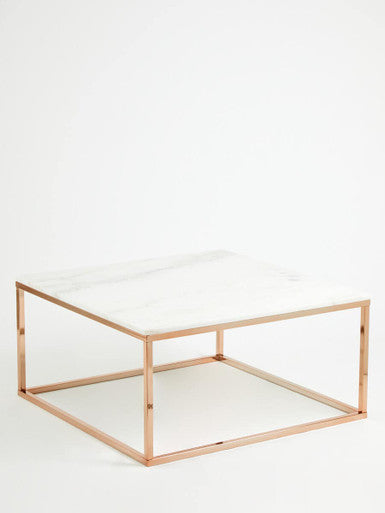 Square White Marble Top Coffee Table in Rose Gold Finish Stainless Steel Legs, Allure