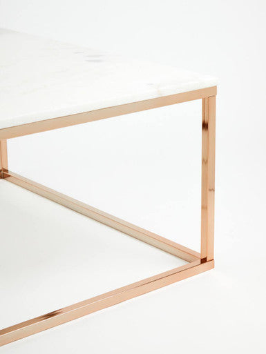 Square White Marble Top Coffee Table in Rose Gold Finish Stainless Steel Legs, Allure