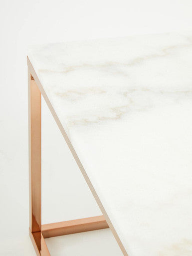 Square White Marble Top Coffee Table in Rose Gold Finish Stainless Steel Legs, Allure