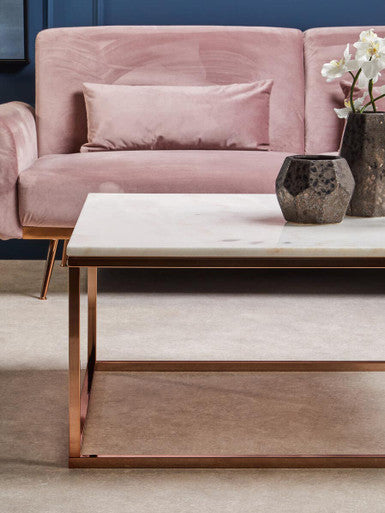 Square White Marble Top Coffee Table in Rose Gold Finish Stainless Steel Legs, Allure