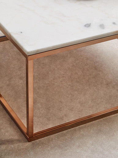 Square White Marble Top Coffee Table in Rose Gold Finish Stainless Steel Legs, Allure