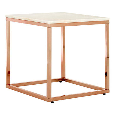 Square White Marble Top End Table with Rose Gold Metal Frame, Allure