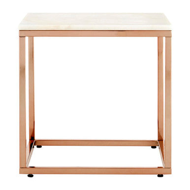 Square White Marble Top End Table with Rose Gold Metal Frame, Allure